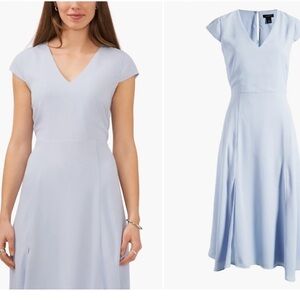 Halogen Cutout Midi Dress V Neck Cap Sleeve Slit Preppy In Blue Size L/box 17-27